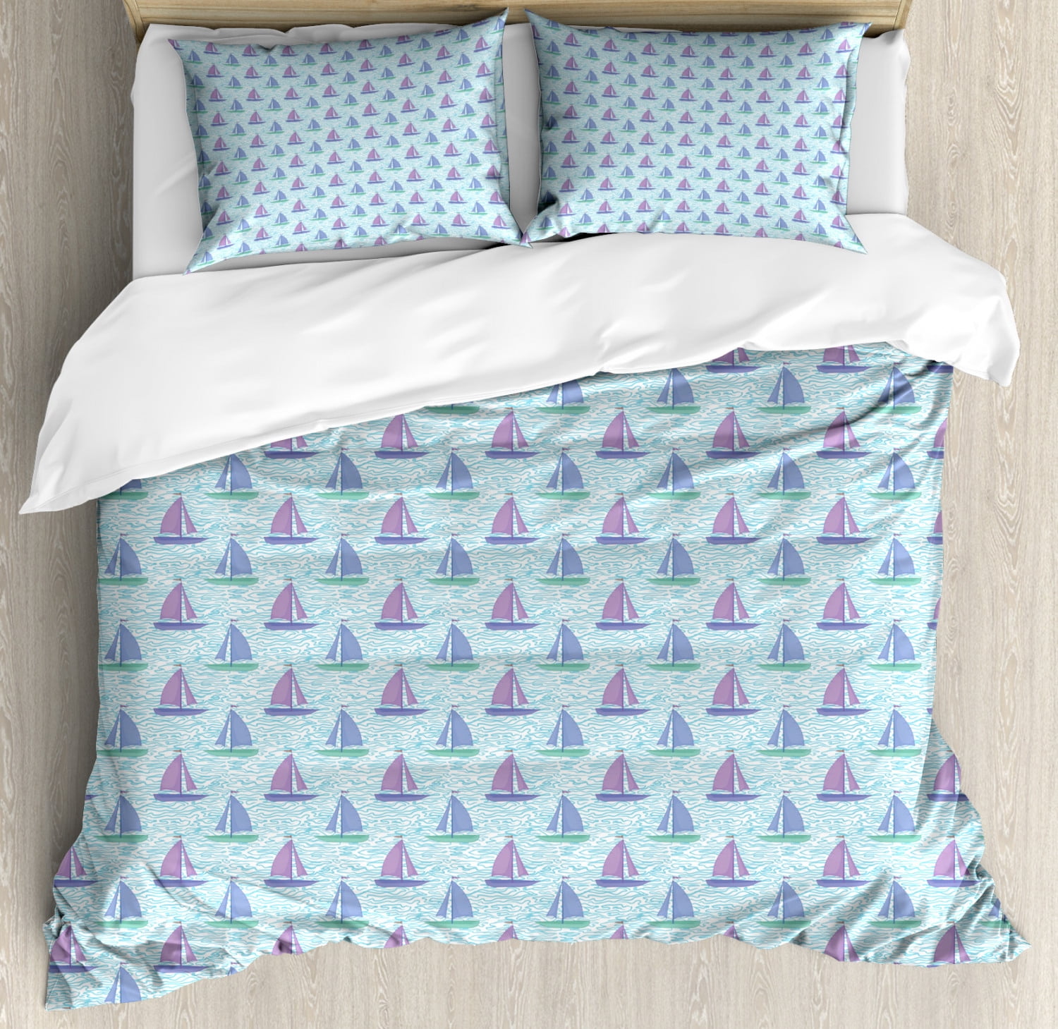 Sailboat Queen Size Duvet Cover Set, Lose Wavy Stripes Current in the