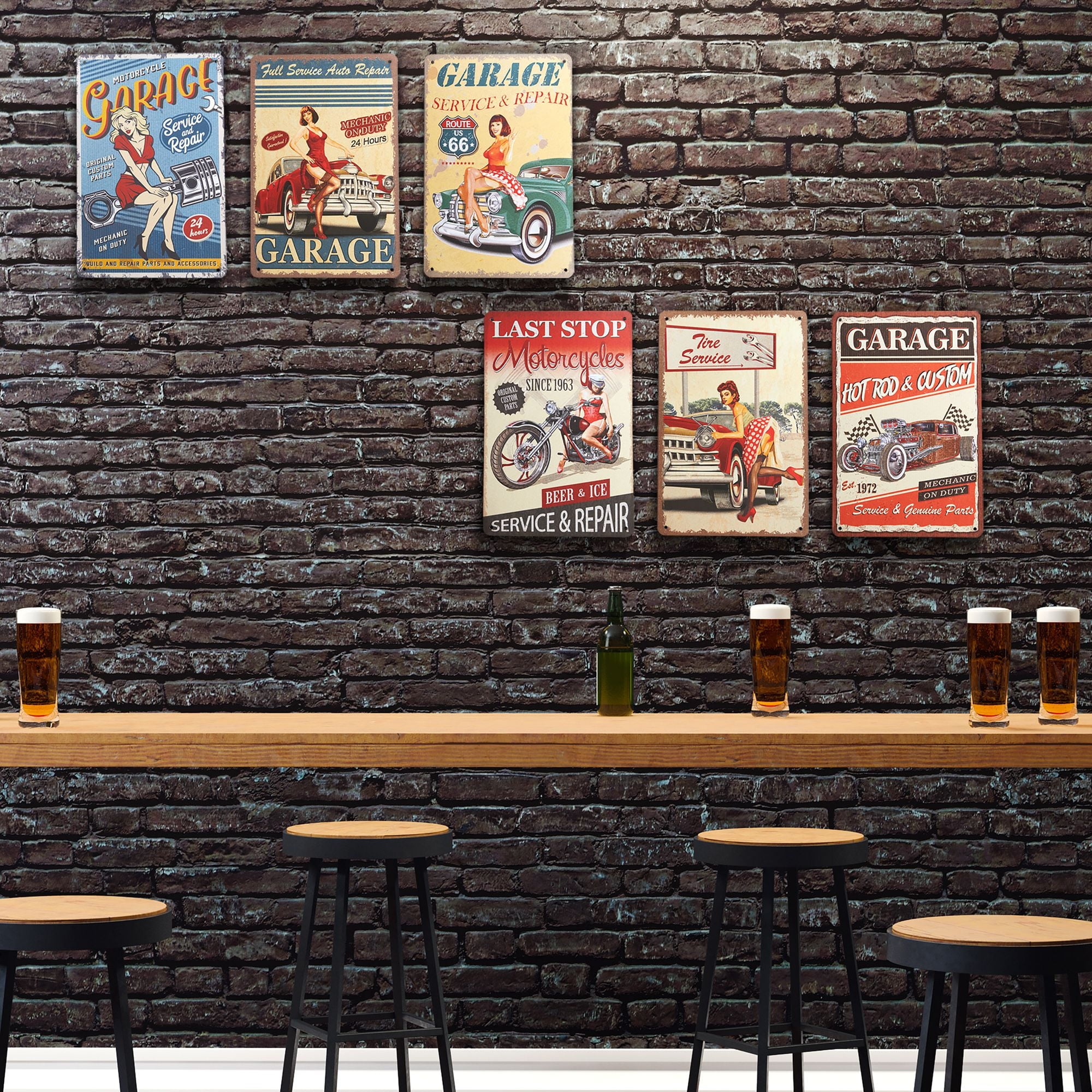 6 Pack Vintage Metal Signs for Retro Garage Wall Decor, 6 Designs