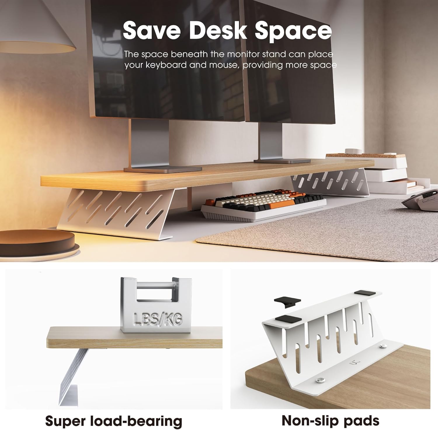 Wood and Steel Dual Monitor Stand Riser for Desktop, Laptop, PC, and Printer