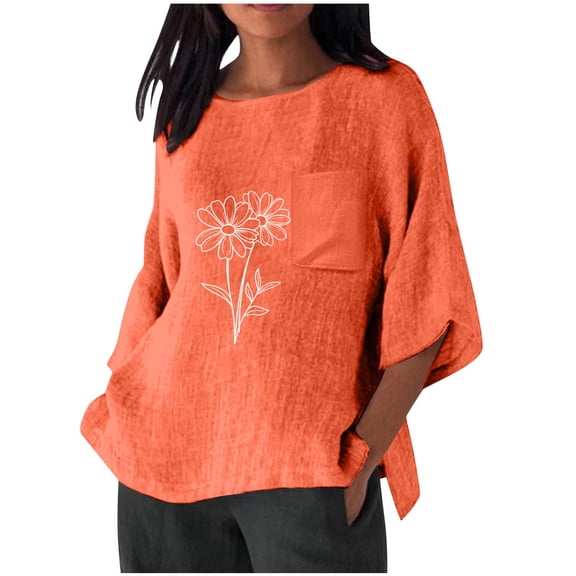 YUGYXL Casual Gauze Shirt for Women 3/4 Sleeve Loose Fit Linen Tops Comfy Soft Lightweight Tunic Tee Summer Vacation Blouse Orange M