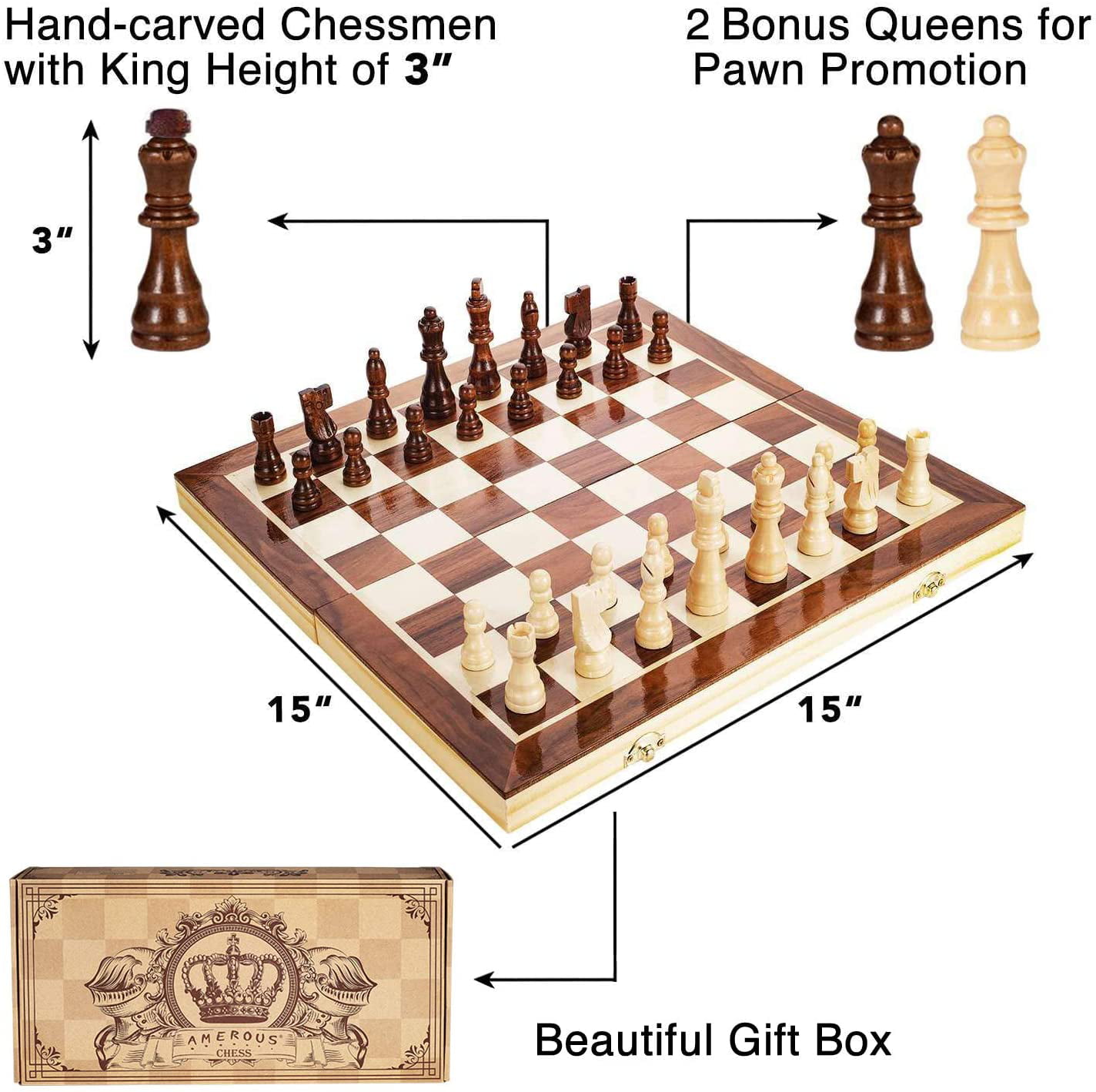 Amerous 15 Inches Magnetic Wooden Chess Set - 2 Extra Queens 
