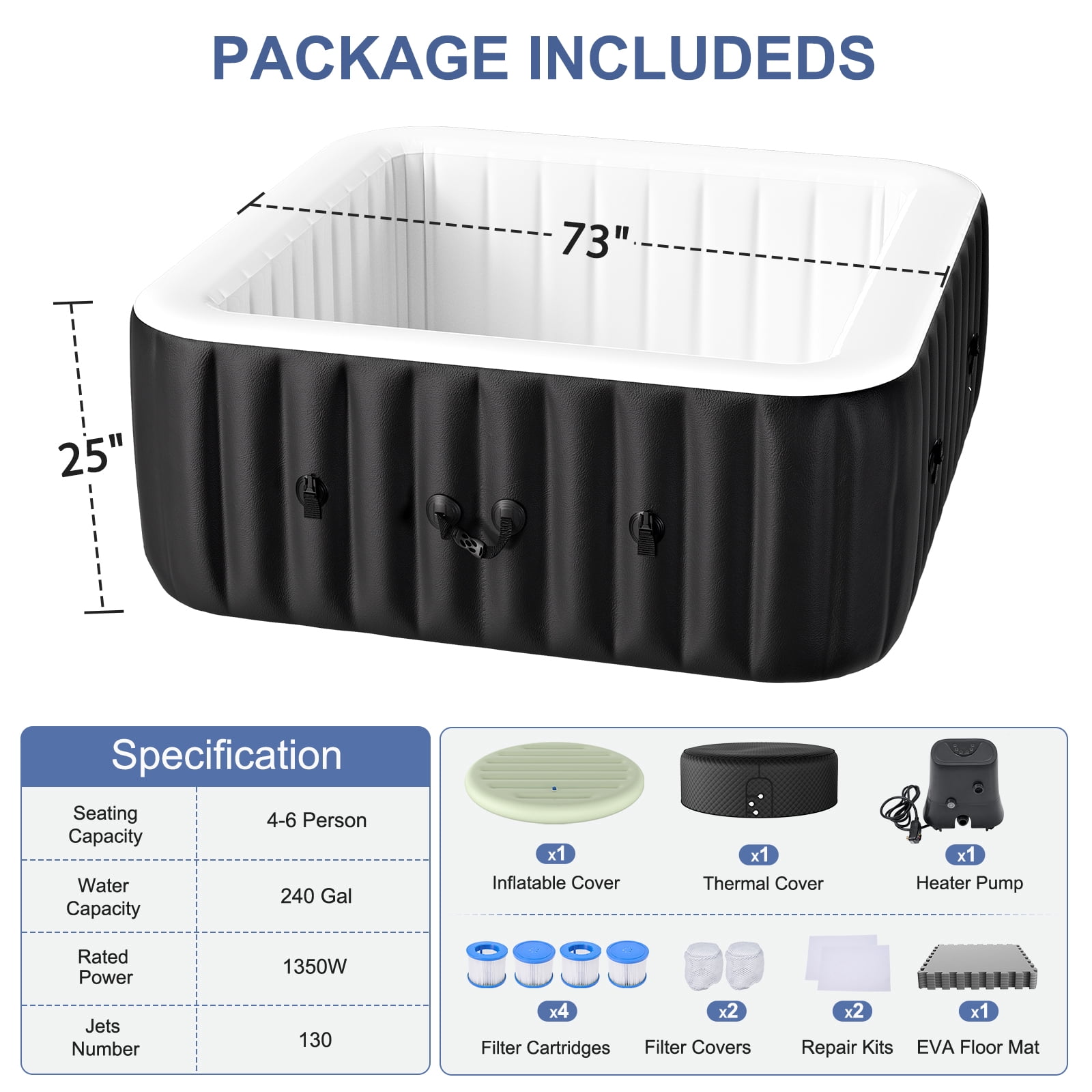 FICISOG Inflatable Hot Tub Set, 6 Person 73" Energy Efficient Hot Tub SPA with Bubble Jet, Heater Pump, 4 Filters, Insulated Tub Cover and EVA Floor Mat, Portable Family Pool Hot Tub for Patio