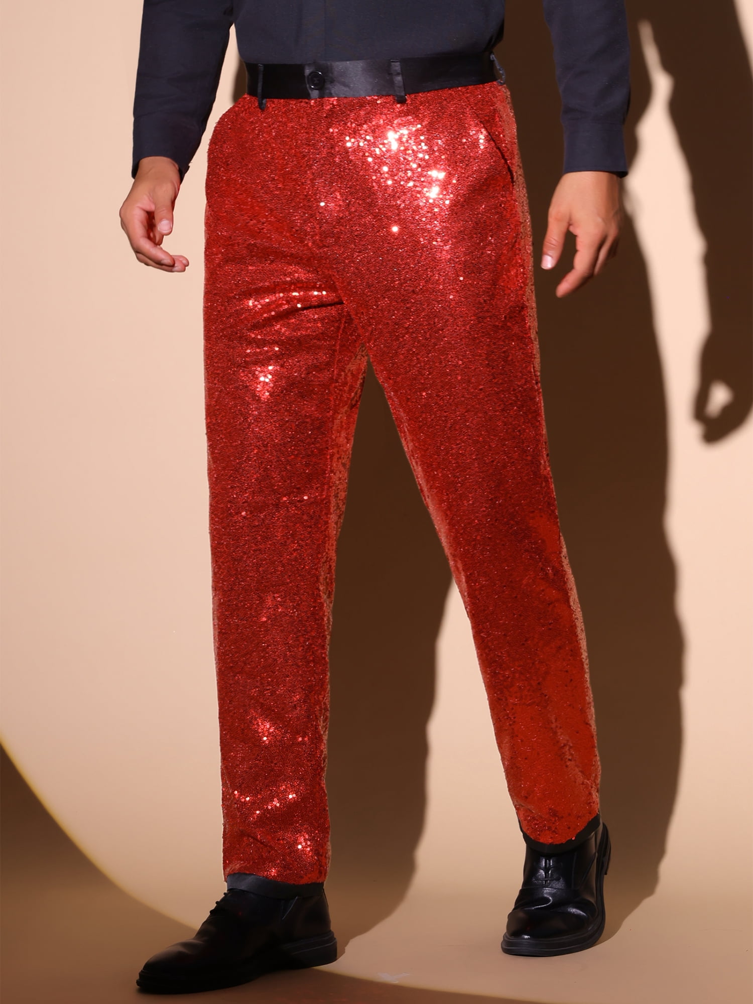 DARING DIVA Men's Shiny Sequin Pants with Straight Leg Design Pants 38 Red
