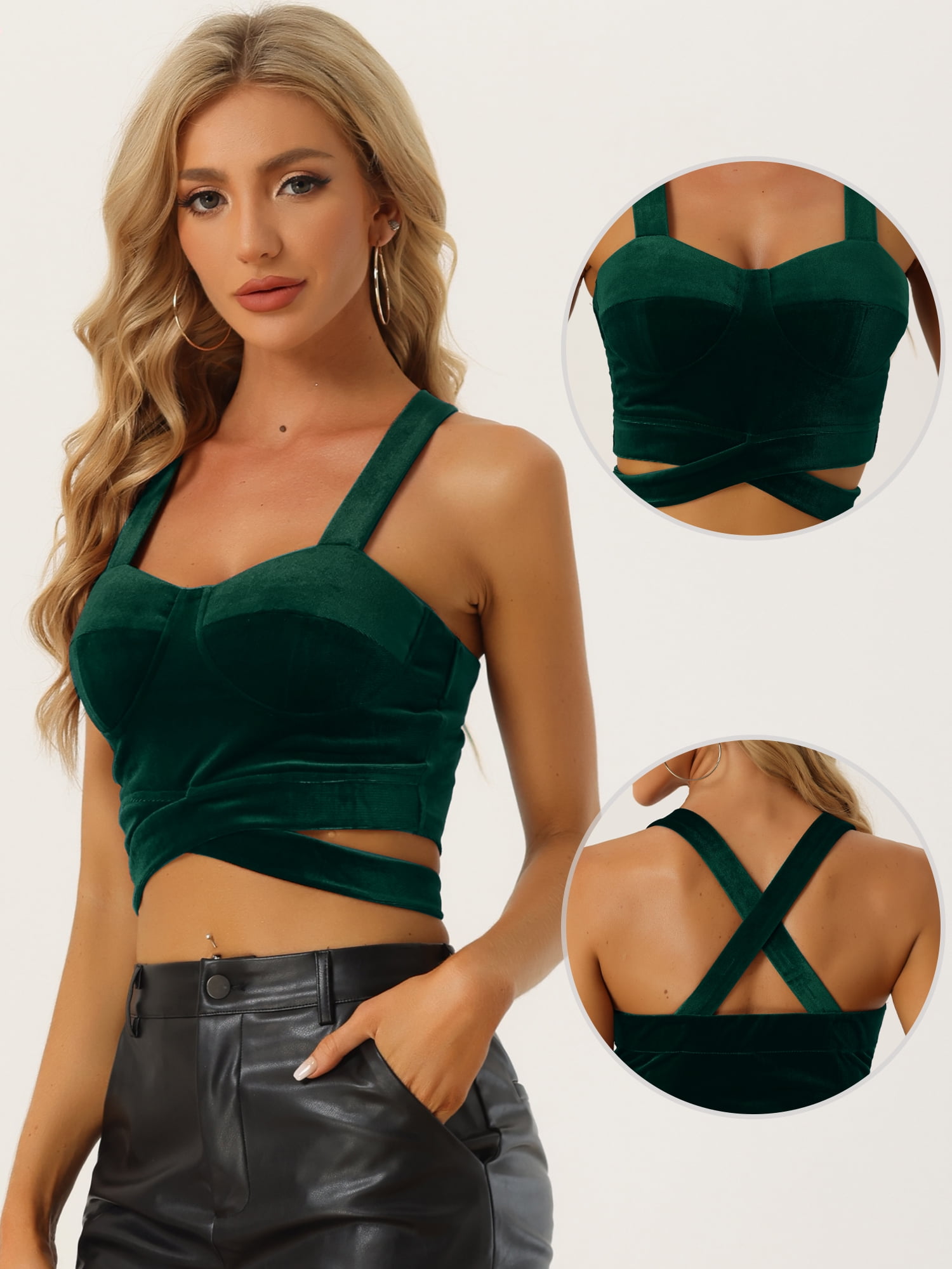 DARING DIVA Women's Spaghetti Strap Tie Back Sleeveless Crop Tank Top XL Dark Green