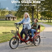 Electric Tricycle for Adults Folding Electric Trike 3 Wheel Electric Bike Two-Seater Powerful 450W Motor 48V 15AH Lithium Battery E-Tricycle Red