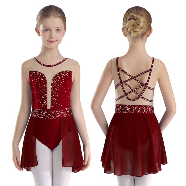 Sxiwei Gymnastics Leotard for Girls Shiny Rhinestone Mesh Patchwork Ballet Dance Dress Performance Burgundy 8