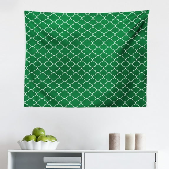 Quatrefoil Tapestry, Lotus Floral Shapes Moroccan Tile Pattern Eastern Inspired Retro Print, Fabric Wall Hanging Decor for Bedroom Living Room Dorm, 2 Sizes, Green White, by Ambesonne