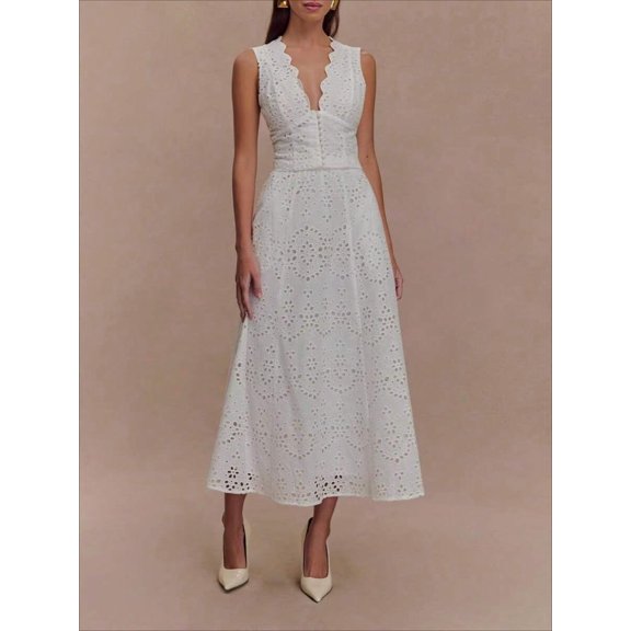 White Eyelet Lace Midi Dress With Scalloped V-Neck And Sleeveless Fit