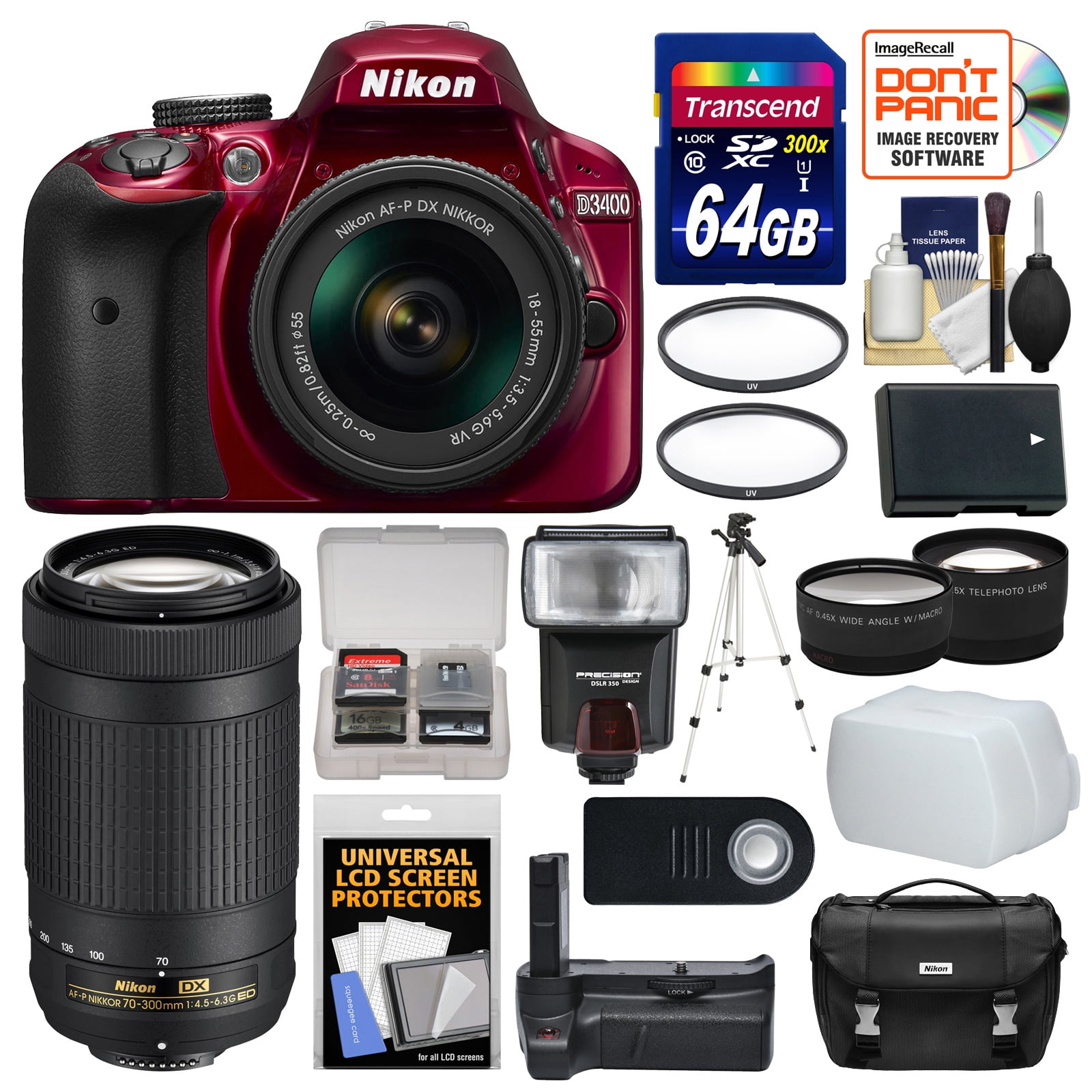 Nikon D3400 Digital SLR Camera & 1855mm VR DX AFP Zoom Lens (Red