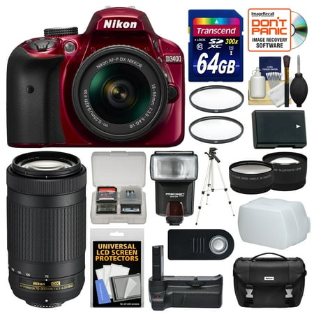 Nikon D3400 Digital SLR Camera & 18-55mm VR DX AF-P Zoom Lens (Red) with 70-300mm Lens + 64GB Card + Case + Battery + Grip + Tripod + Tele/Wide Lenses + (Nikon D3400 Best Price)