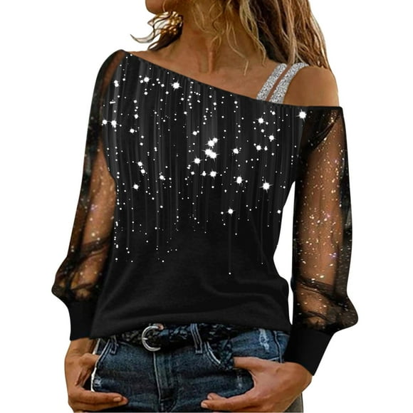 2025 Women Casual Sequin Print Shirts Women for Mesh Long Sleeve Cold Turtle Neck T Shirts for Women Shoulder Loose Splice Blouse Women Compression Long Sleeve Shirt Tops Elegant