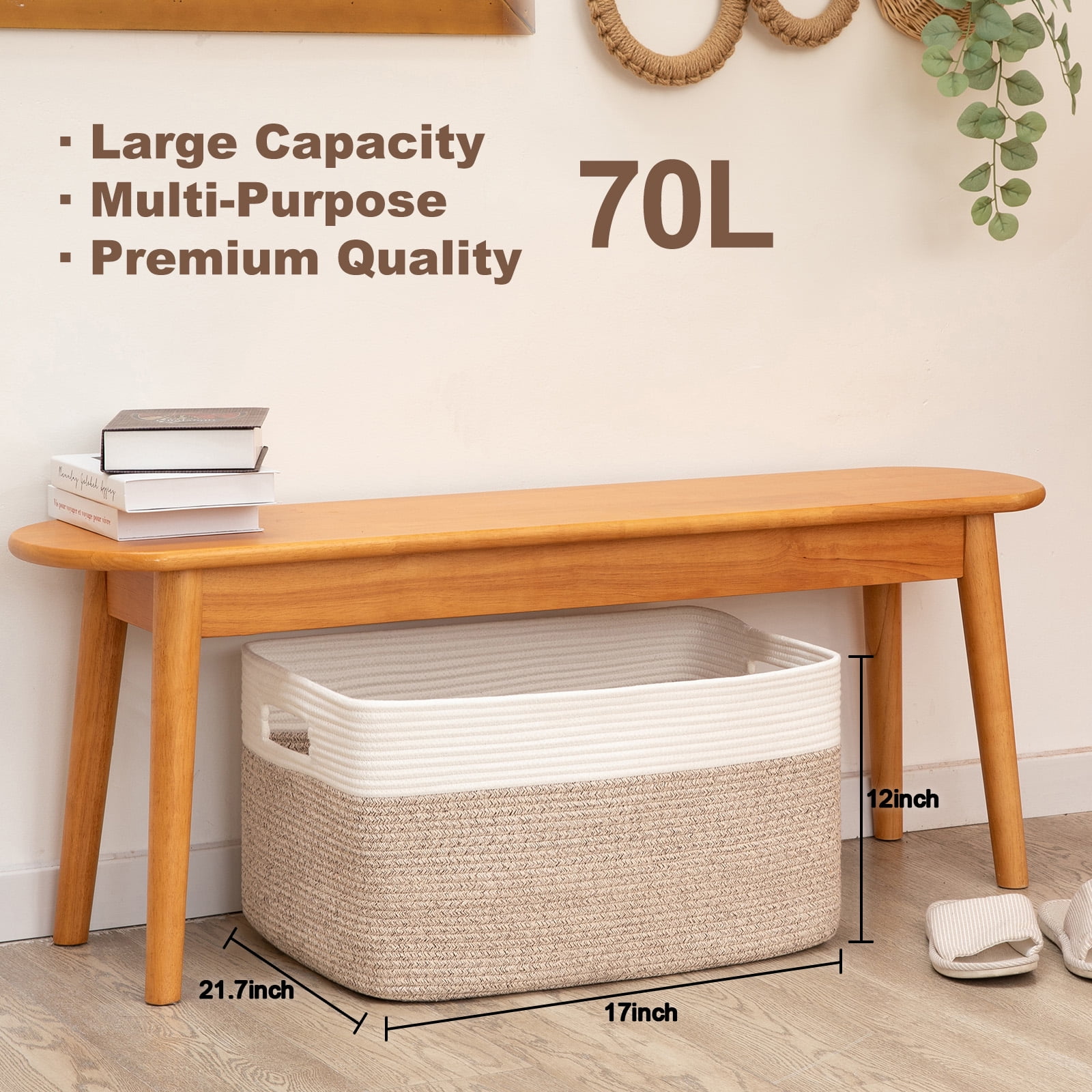 CHERISHGARD 70L Large Rectangle Blanket Basket，Cotton Rope Baskets for Storage, Woven Laundry Basket for Toys