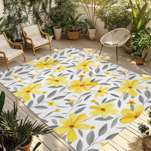 Yellow Flowers Outdoor Rug for Patio/Deck/Porch, Non-Slip Large Area Rug 4 x 6 Ft, Farmhouse Watercolor Florals Grey Leaves Indoor Outdoor Rugs Washable Area Rugs, Camping Rug Carpet Runner