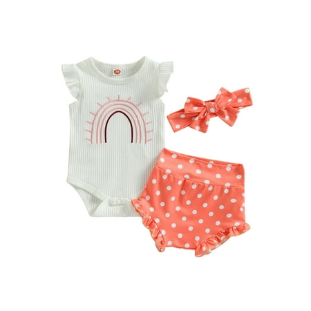 

Bagilaanoe 3pcs Newborn Baby Girls Short Pants Set Print Flying Sleeve Romper Tops + Shorts + Headband 3M 6M 12M 18M Infant Casual Summer Outfits