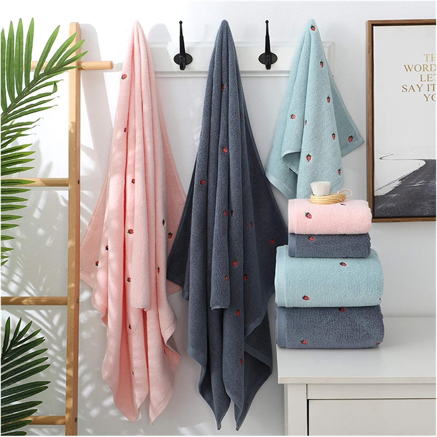 Cute bath towel New strawberry embroidered designer towel set cotton bath towel Ladies cute towel (Color : Pink, Size : 2pcs towel set) Pink 2pcs towel set