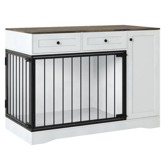 Ladcaser Farmhouse Dog Crate Furniture 47" Modern Indoor Kennel with Double Doors, TV Stand & Buffet Cabinet, Dog Cage Side Table with 2 Drawers & Storage for Small & Medium Dogs