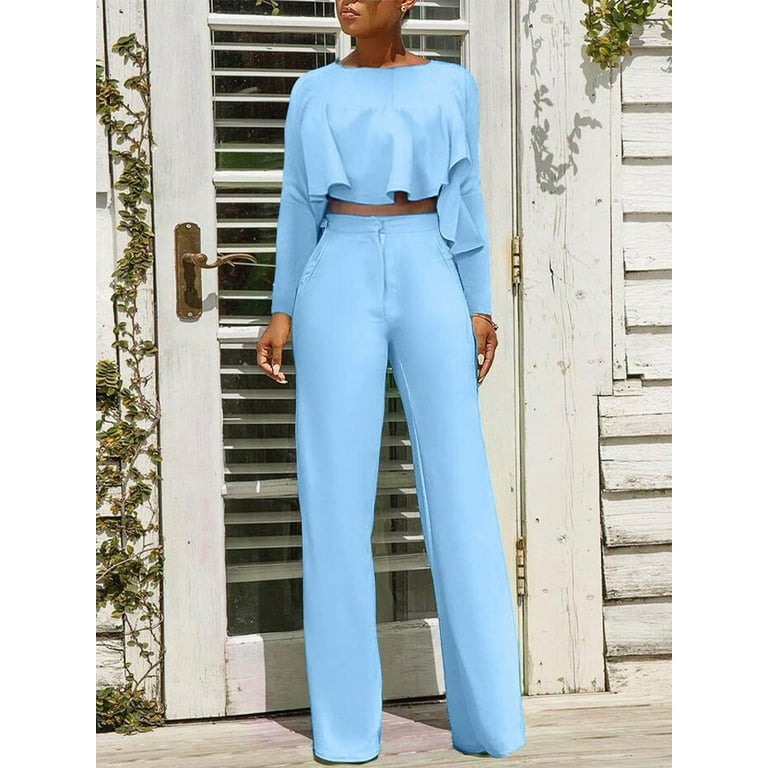 Sets Outifits 2022 Autumn Long Sleeve Ruffle Hem Crop Top & High Waist Pants  Set Of Two Fashion Casual Pieces For Women Elegant 