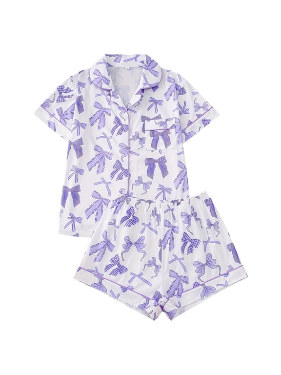 Womens Bow Print Short Sleeve Notch Collar Pajama Set Button Down Satin Sleepwear