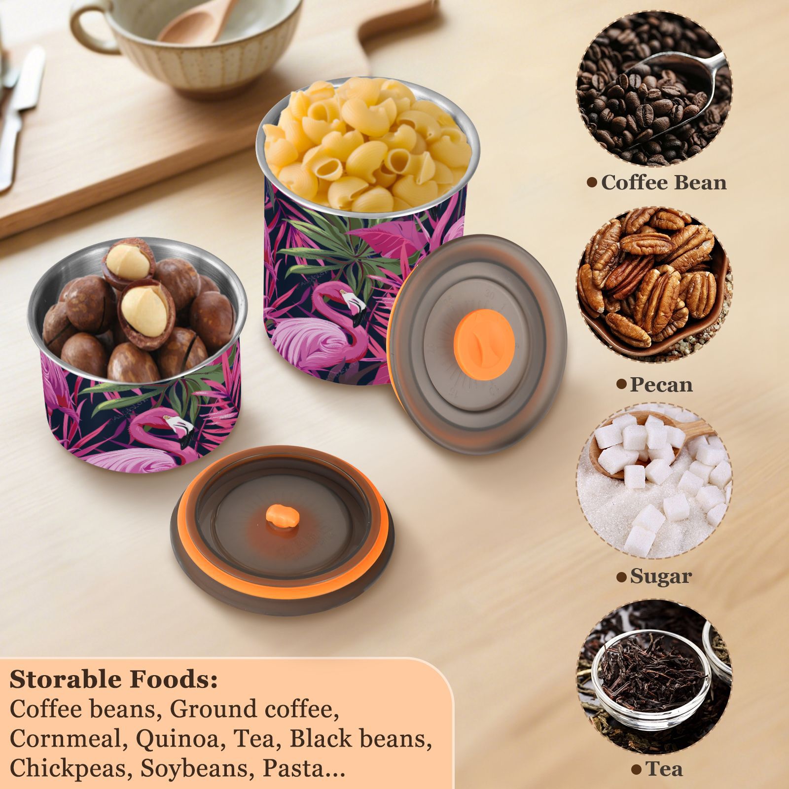 Pink Flamingo Leaf Airtight Coffee Bean Canister 30oz Food Storage Containers with Lids For Gournd, Tea, Sugar, Flour, Rice, Cereal, Candy Cookie Jar