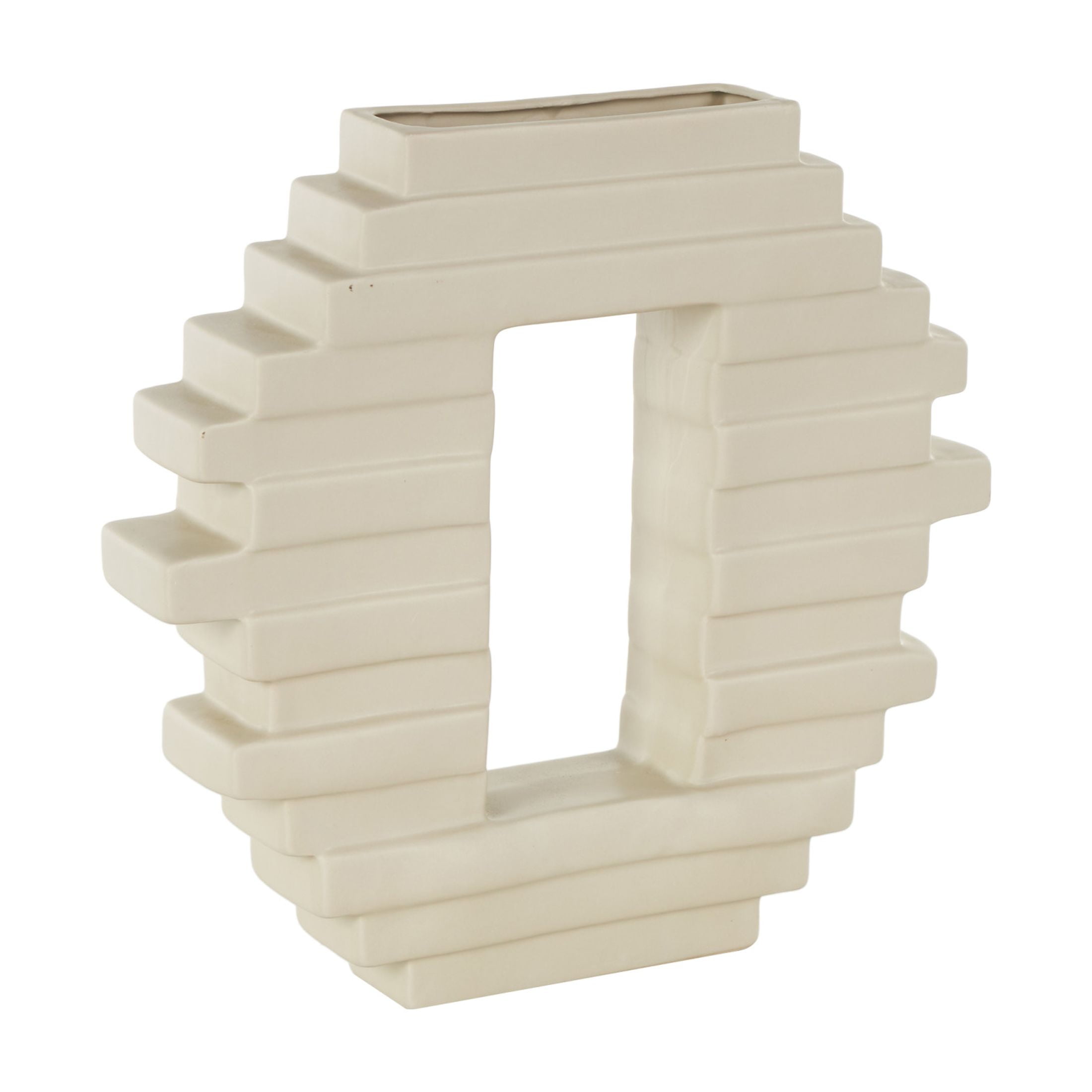 DecMode 12" Abstract Cream Ceramic Vase with Rectangular Center Cutout