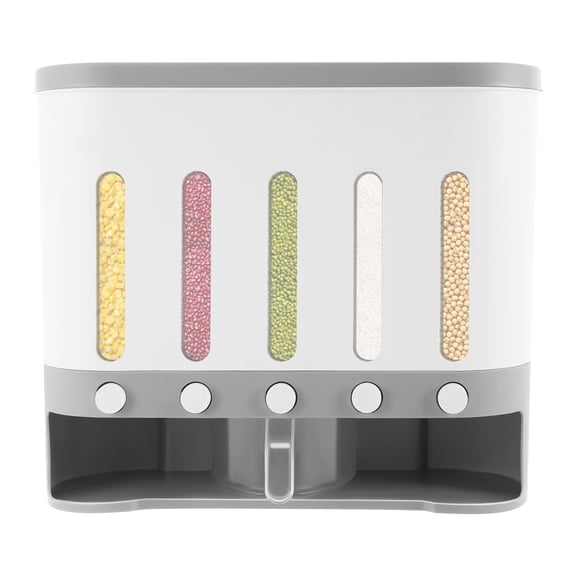 Miumaeov Wall Mount Dry Food Dispenser, 5 Grid Countertop Rice Coffee Bean Dispenser Wall Cereal Dispenser, Gray-White 10L