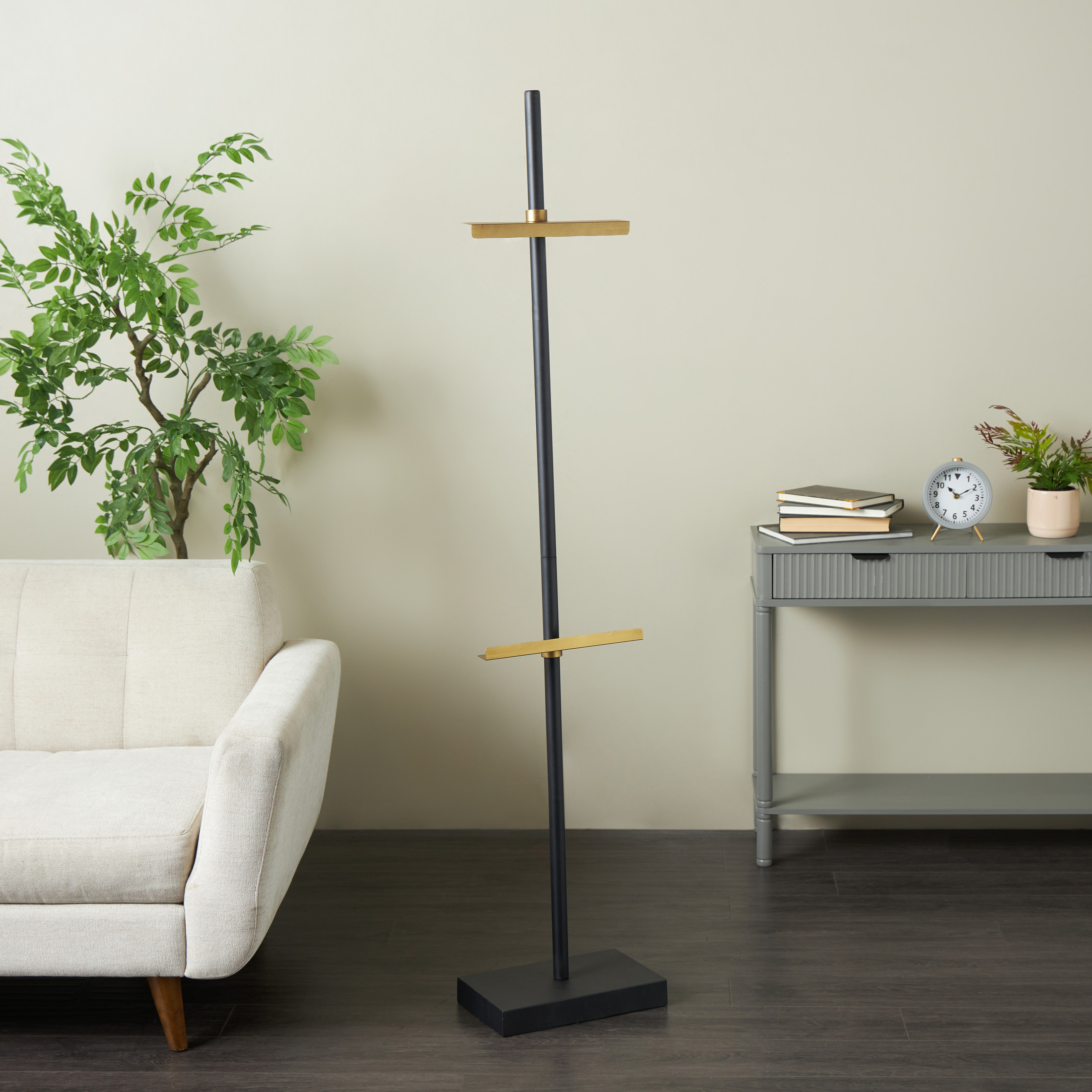 DecMode 13" x 65" Black Metal Tall Floor 2 Hook Easel with Gold Accents, 1-Piece