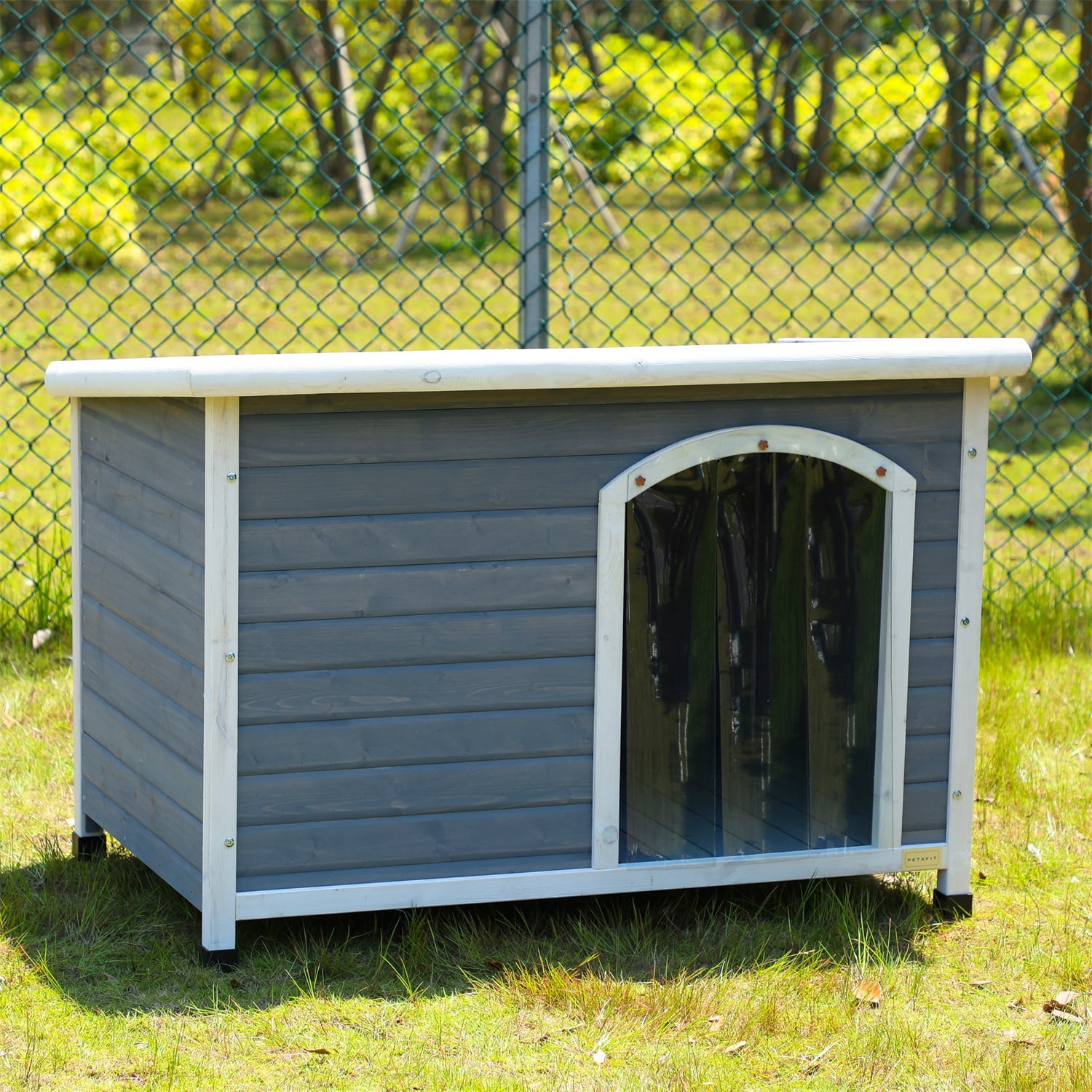 Pefilos 43" Weatherproof Wood Dog Houses with Terrace and Clear Roof, Outdoor Large Pet Cat House, An Open Roof, Beige Pefilos 43" Weatherproof Wood Dog Houses with Terrace and Clear Roof, Outdoor Large Pet Cat House, An Open Roof, Beige