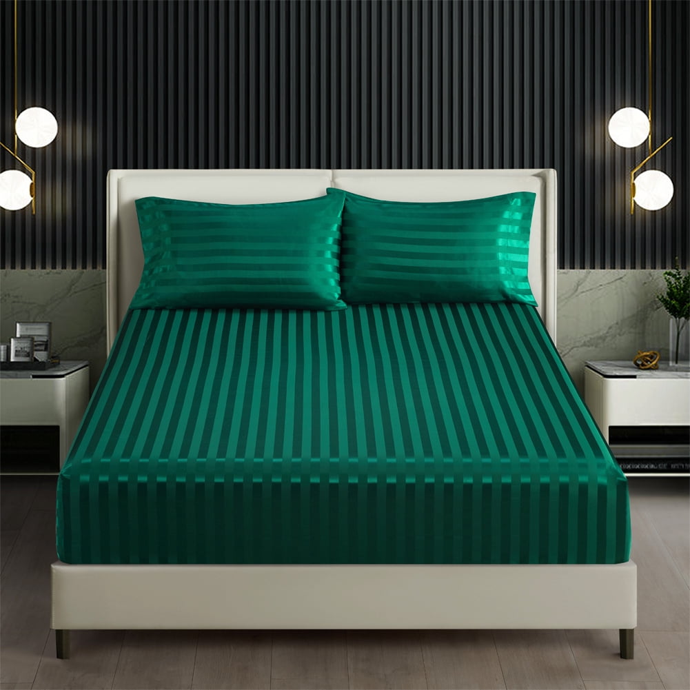 AiMay Italian Style  6 Piece Satin Bed Sheet Set Stripes Super Soft Deep Pocket 1800 Luxury Rich Silk 1 Flat Sheet 1 Fitted Sheet 4 Envelope Pillowcases Stain-Resistant Wrinkle Free (Queen,Green)