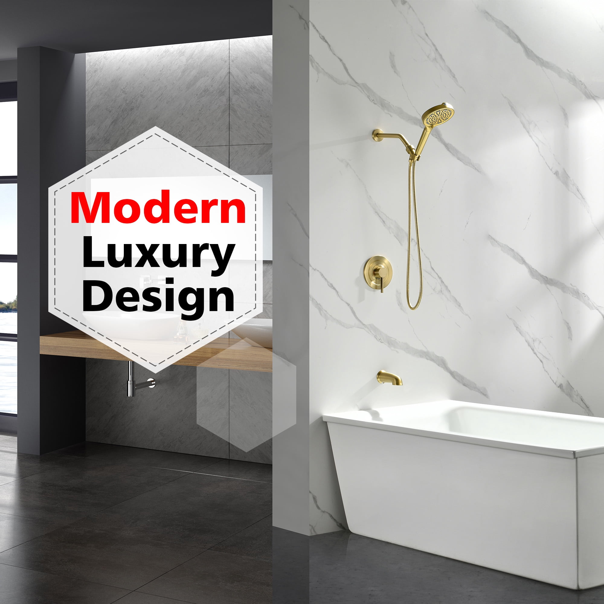 SUMERAIN Brushed Gold Tub and Shower Faucet Set with 6-Spray Filtered Handheld Showerhead, Shower System with Tub Spout