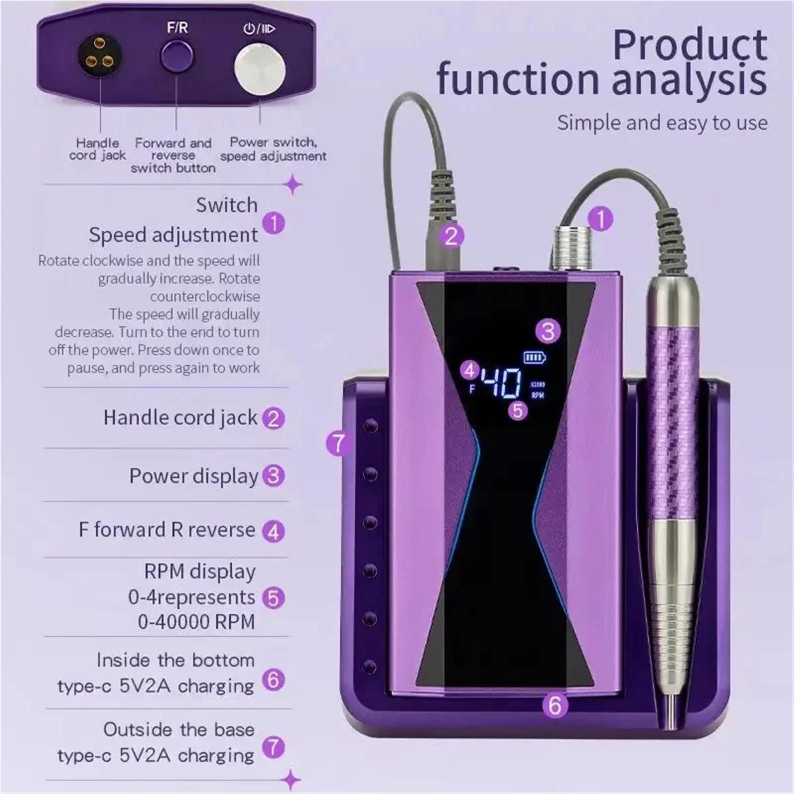 40000RPM Electric Nail Drill Machine 85W Handle Manicure Portable Polishing Tool Nail Drill Rechargeable Nail Art