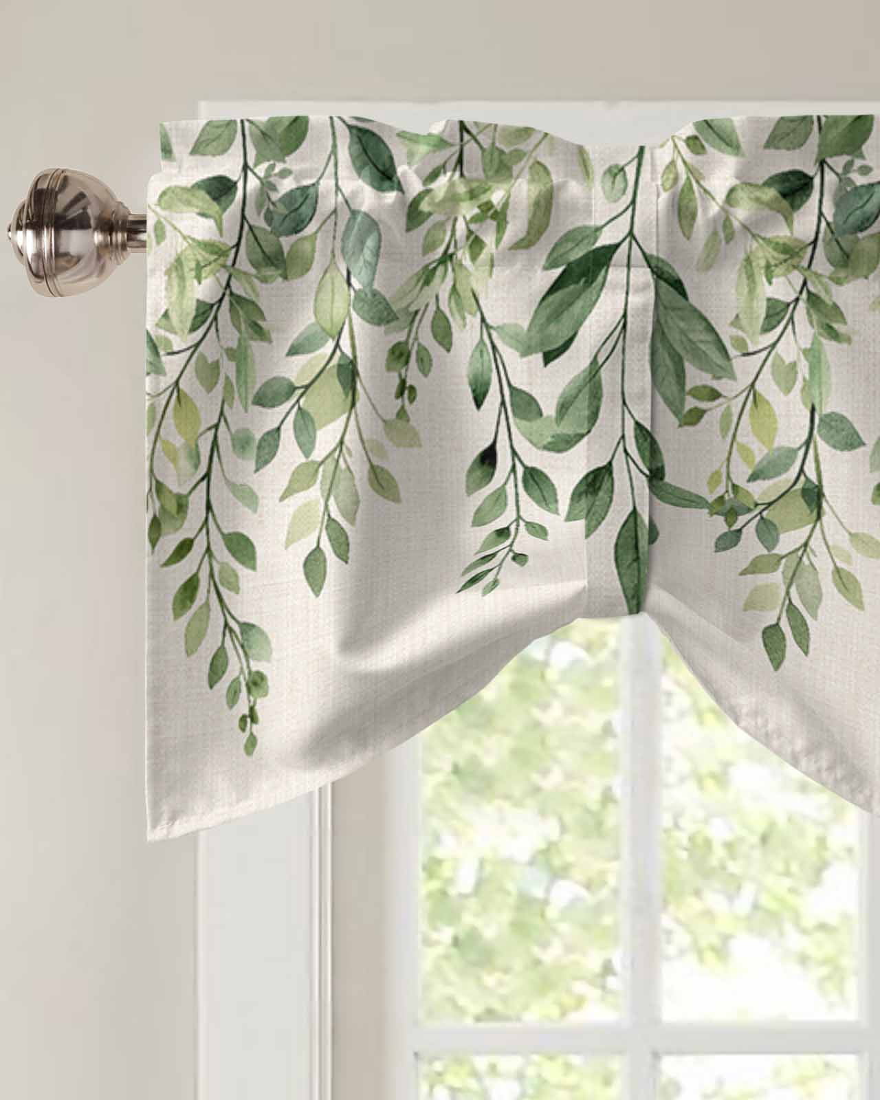 Tie Up Valance Curtain for Kitchen,Spring Green Sage Leaves on Linen Rod Pocket Short Curtains Adjustable Tie-Up Shade Valances,Swirling Leaf Window Treatment for Bathroom Bedroom