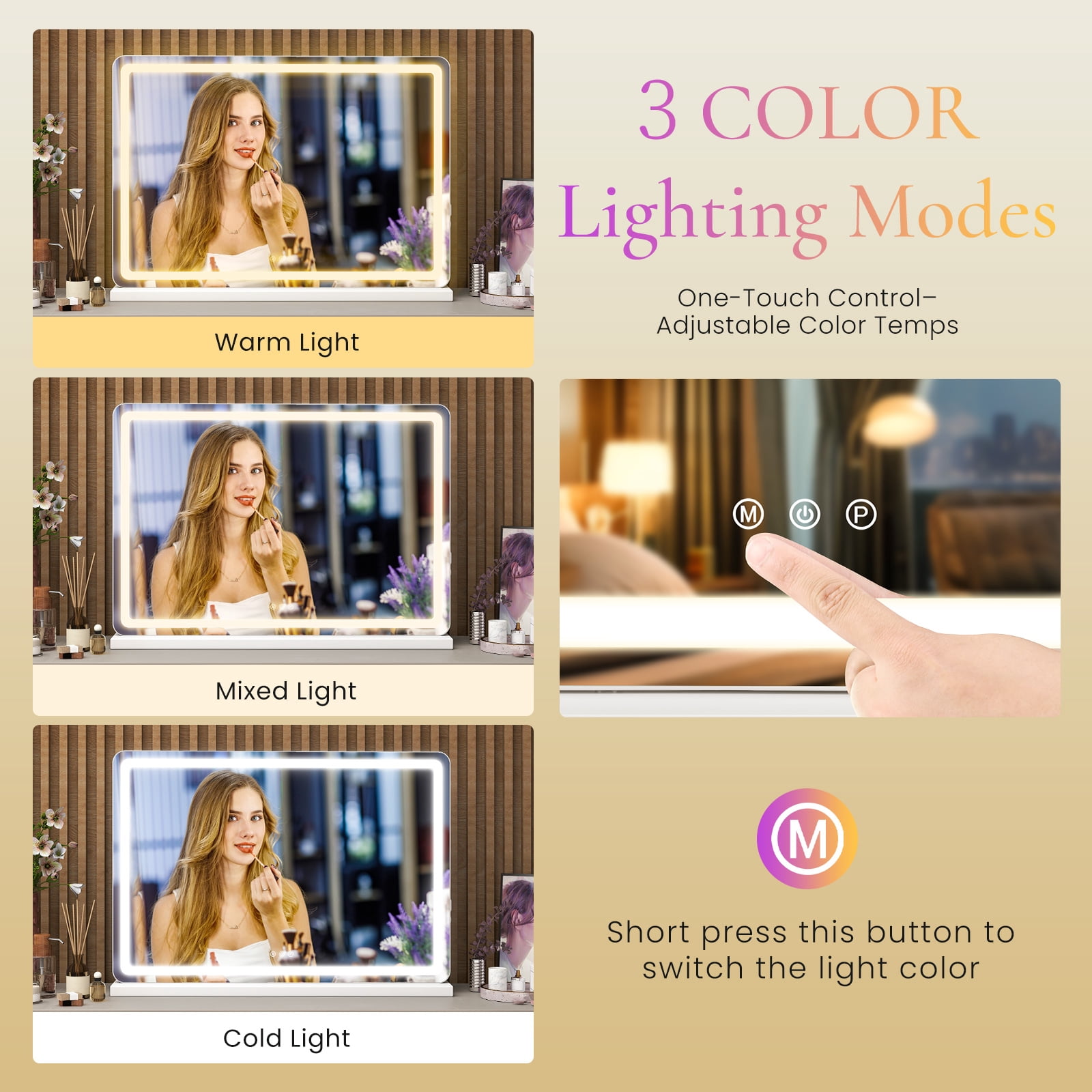 Gianna 13"x17" LED Vanity Mirror with Lights, Dimmable 3-Color Modes, Touch Screen Makeup Mirror for Dressing Table, White Square Design