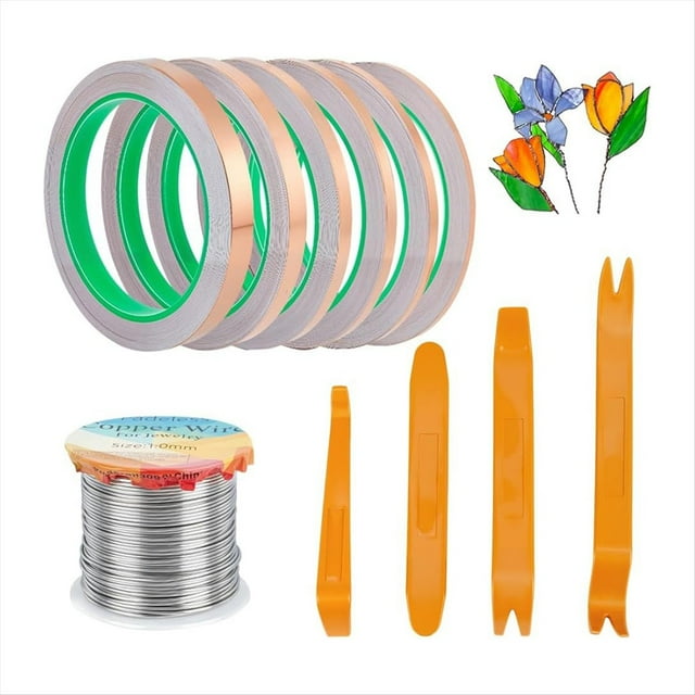 Kit para Vitrales: 6 Cintas Adhesivas de Lámina de Cobre, 1 Rollo de Soldadura para Vitrales, 4 Raspadores de Plástico para Vitrales (DIY)