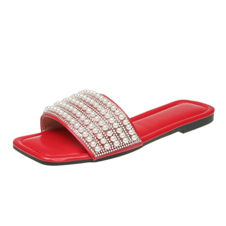 

Cathalem Women Slippers Summer New Pattern Fashion Pearl Decorative Flat Bottom Comfortable Non Slip Versatile Beach Sandals RD2 42