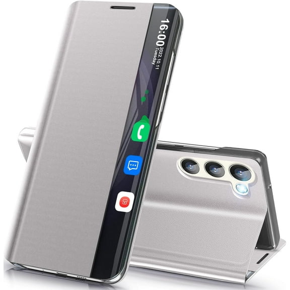 Galaxy S23 FE 5G Case View Clear Window Leather Hard PC S23 FE Case Slim MirrorKickstand Luxury Flip Shockproof for Samsung Galaxy S23 FE Cover Protective (Gray)