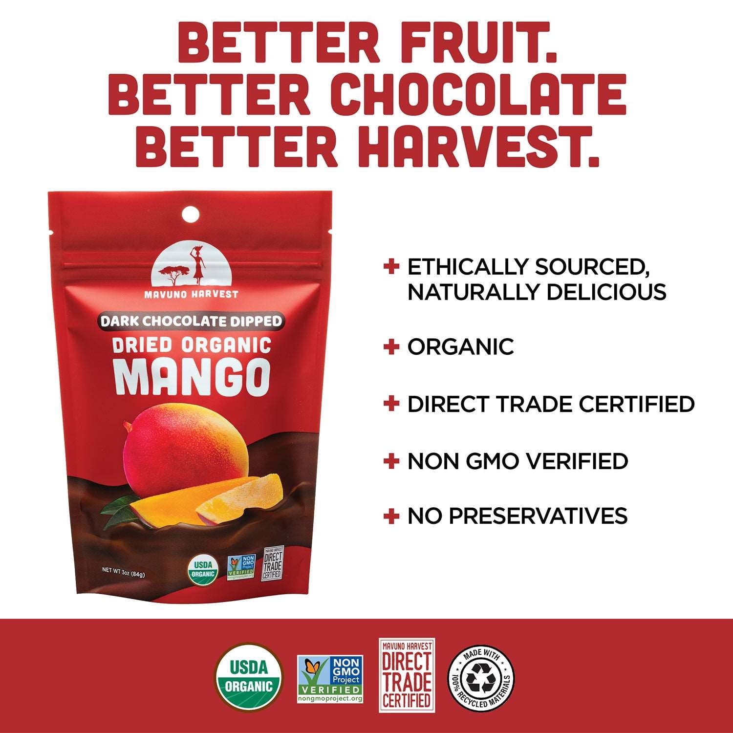(Pack of 6), Mavuno Harvest Organic Dried Mango Dipped in Dark Chocolate, 3 oz