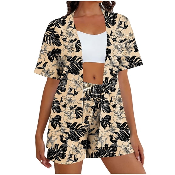 2 Piece Outfits Summer,Women's 2 Piece Hawaiian Vacation Outfits Tropical Print Short Sleeve Shirts and Shorts Beach Sets Resort Wear