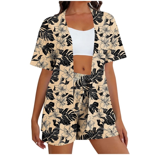 Mujeres Largo Cardigan con Bolsillos Suelto Casual Poliéster Impreso Conjunto, Manga Corta Y Pantalones Cortos con Bolsillos, Sudadera Y Pantalones para Mujeres