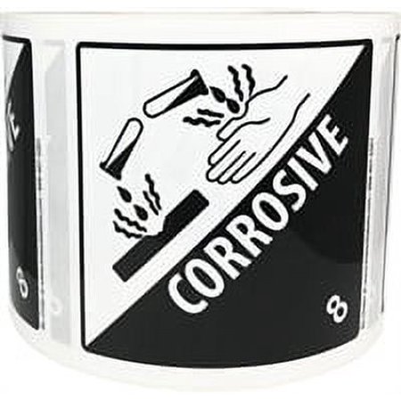 Laminated Corrosive Hazard Class 8 D.O.T. Labels 4 x 4 Inch Square 500 Total Stickers on a Roll
