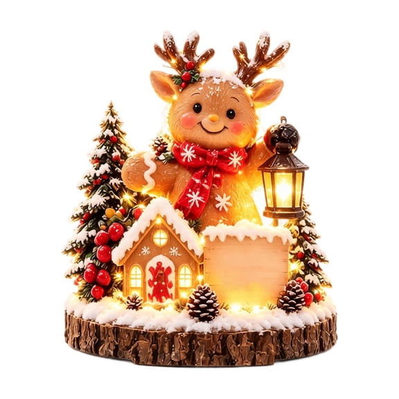 Lighted Wooden Reindeer Christmas Decoration with Gingerbread House, Rustic Holiday Tabletop Ornament