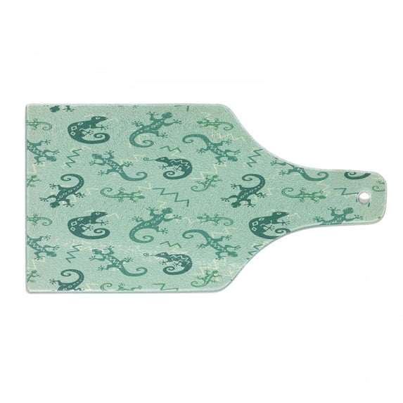 Reptile Cutting Board, Exotic Lizards Chameleons Leaping Illustration Nature Reptiles, Decorative Tempered Glass Cutting and Serving Board, Wine Bottle Shape, Green Mint, by Ambesonne