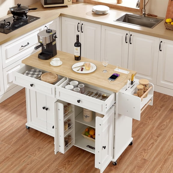 Mobile Kitchen Island, 58" Rolling Island Cart with Power Outlet, Island Table for Kitchen, White