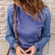 thumbnail image 4 of Jersey de punto de manga larga con costura de encaje de color sólido con cuello redondo informal para mujer Pompotops  qwe23717, 4 of 7