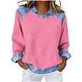 thumbnail image 3 of LangJing Waffle Denim Patchwork Long Sleeve Shirts for Women 2026 Dressy Casual Color Block Spring Tops Loose Collar Work Blouses Pink,S, 3 of 6