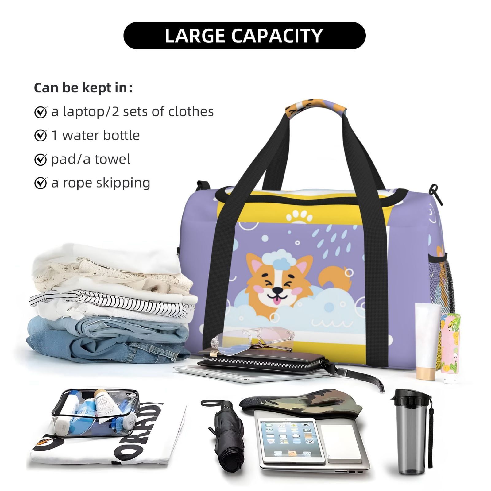 Fuzoiu Corgi Washing in Bathtub Print Travel Duffle Bag,Carry On Tote Bags,Duffel Bag,Sport Gym Bag, Hospital Bag for Labor and Delivery, Overnight Bag,Luggage Bag