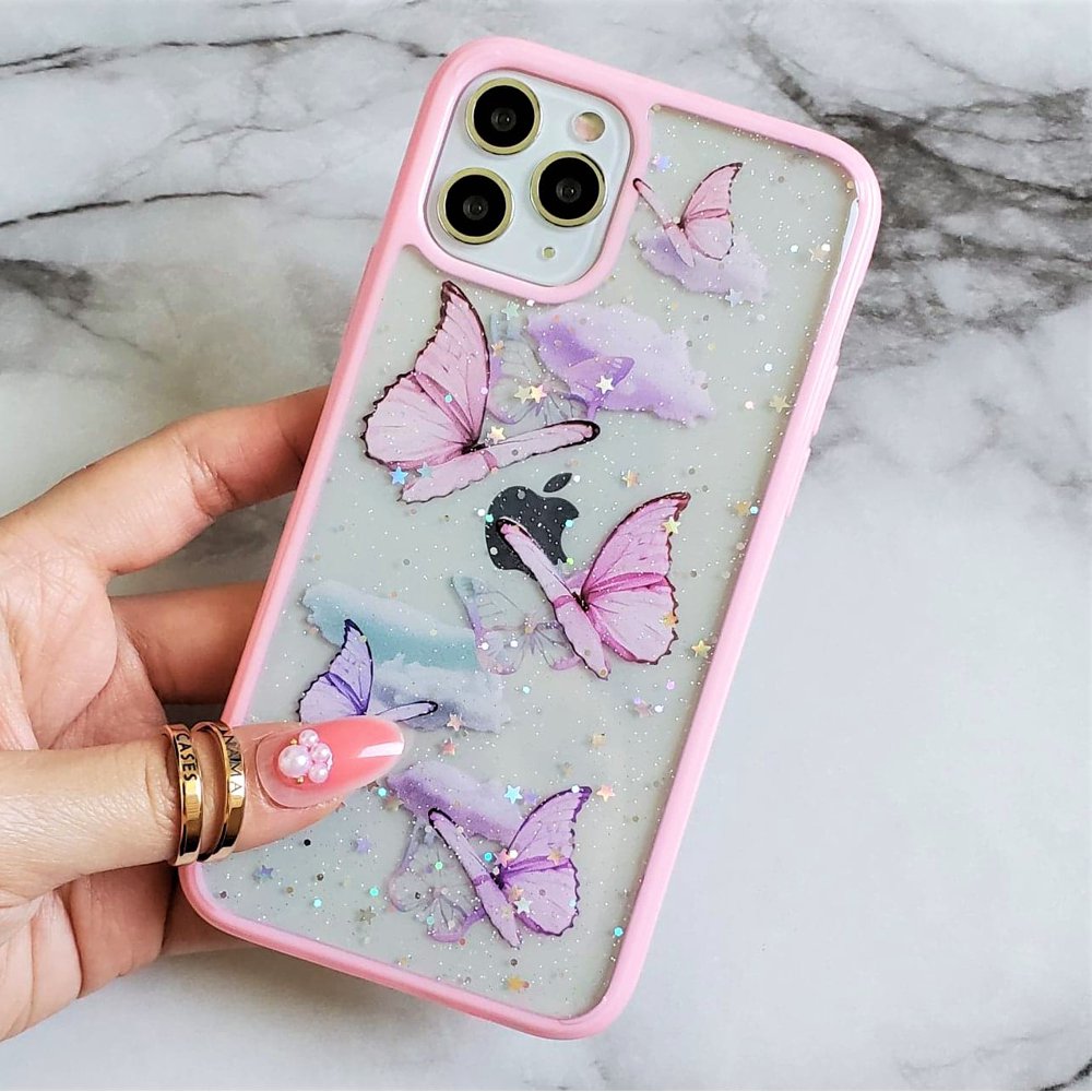 iPhone 12 Mini 5.4" Clear TPU Soft Butterfly Pink Holographic Glitter