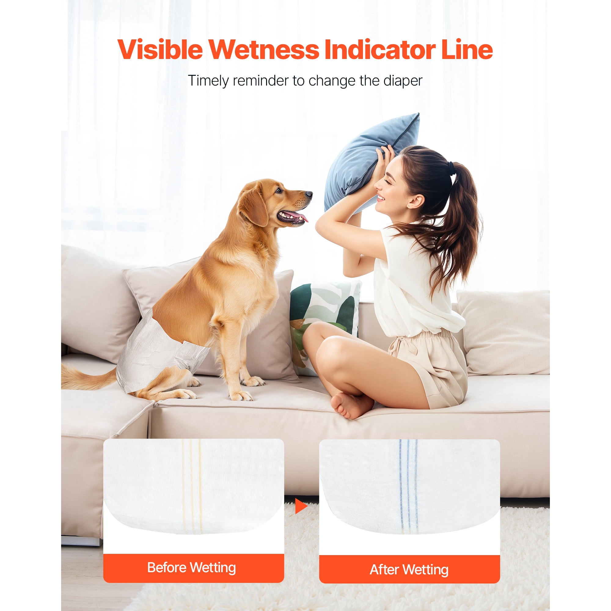KFFKFF Disposable Dog Diapers for Female Pets, Highly Absorbent with Leak-Resistant Design, 360° Protection and Wetness Indicator for Heat Cycle, Training, and Incontinence - Medium Size, 144 Pieces