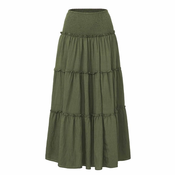 WRKEKC Long Skirts for Women Solid High Waist Elastic Cotton Linen Pocket Midi Skirt with Ruffle Tiered Layers