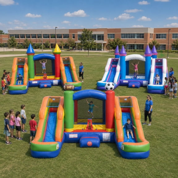Pogo Bounce House Crossover Double Water Slide Bounce House Combo Trio, Pink, Tropical, and Rainbow