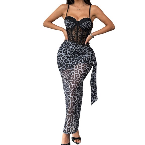 Women'S Summer Leopard Print Off Shoulder Dress, Waist Bodycon Long, Mesh Layers Grey M